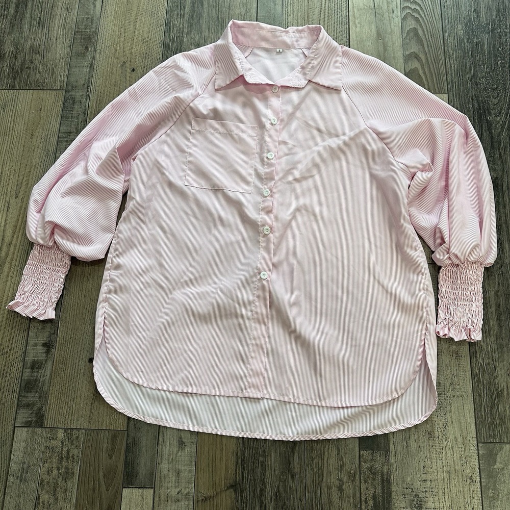 Women's‎ Pink Smocked Cuffed Striped Boyfriend Shirt with Pocket Size Small